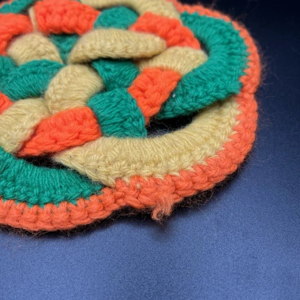 Vintage 70s Crochet Knot Trivet Hot Pad Orange Green Yellow Retro Mid Century